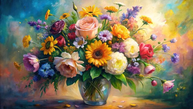 Background of fresh flowers painting in impressionism style from bird eye view