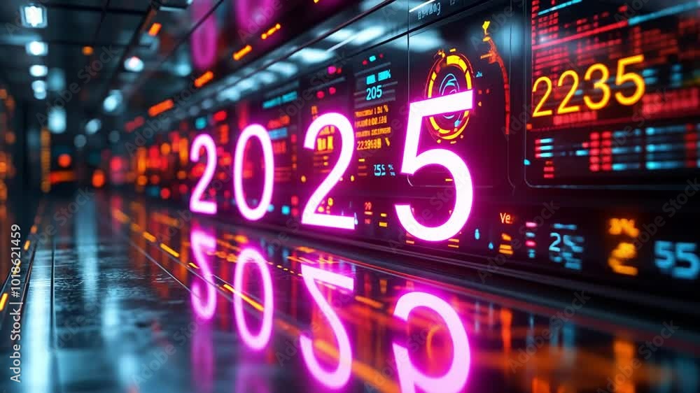 Poster colorful digital interface with glowing numbers and data displays in a futuristic environment