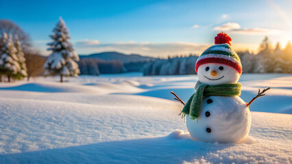 Adorable snowman in knitted hat and scarf on snowy meadow, Christmas or New Year background