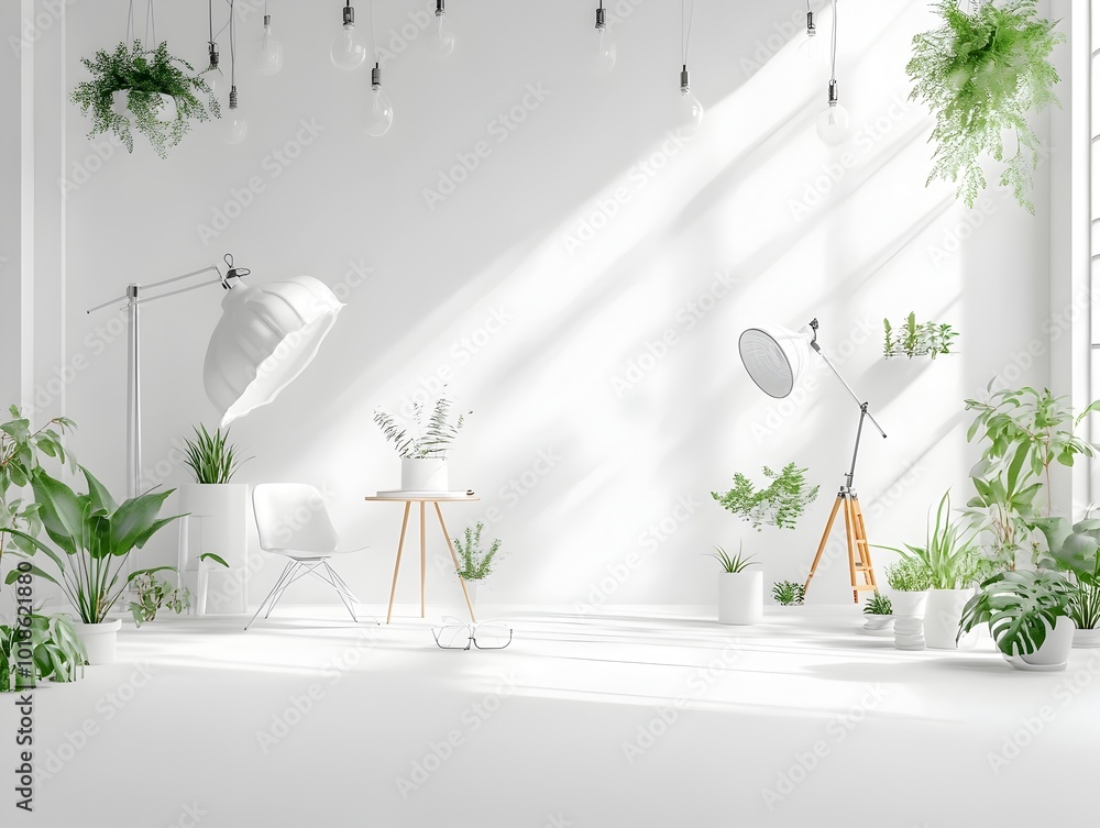 Poster bright and airy 3d interior studio with a pristine white backdrop featuring a central product stage 