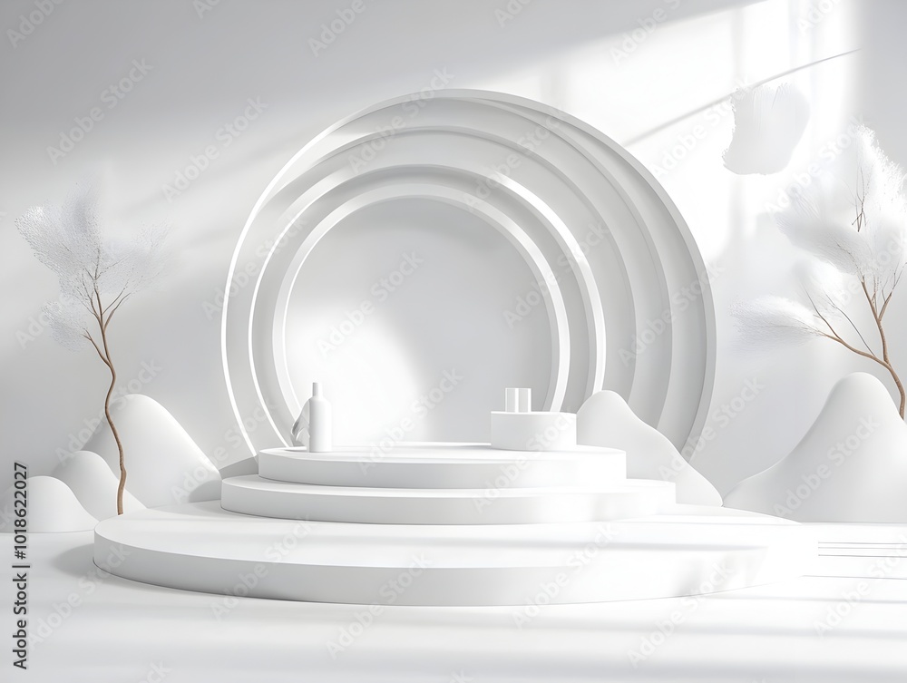 Poster bright and airy 3d interior studio with pristine white backdrop and central product stage showcasing