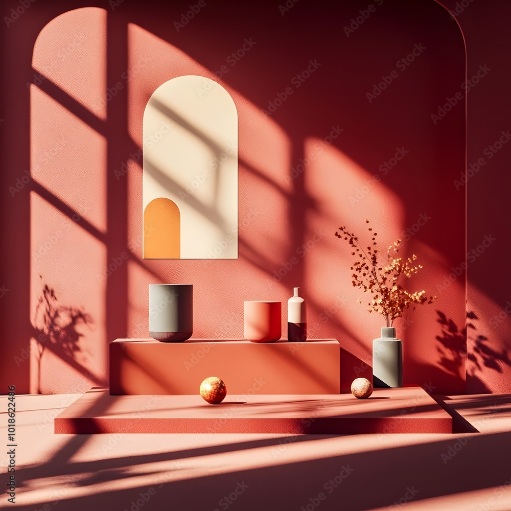 Poster elegant and immersive 3d studio environment featuring burgundy colored walls and floor prominently p