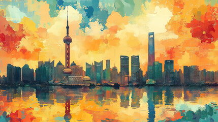 Obraz premium Guangzhou, China, color wood block print effect. Woodblock printing. Graphic designed, illustration for travel poster, card, wallpaper, backdrop or banner. Modern, clear, artistic and simple