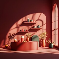 Elegantly Lit 3D Product Display in Immersive Burgundy Studio Environment with Cascading Window Shadows and Golden Hour Lighting Across the Surface