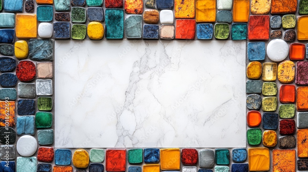 Wall mural colorful glass tile border surrounding a white marble surface