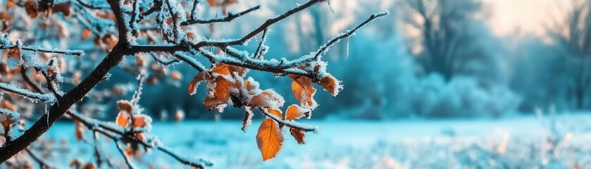 A tranquil winter scene featuring frosty branches adorned with orange leaves against a soft blue background, evoking serenity.