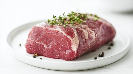 Fresh Raw Beef with Herbs on White Plate