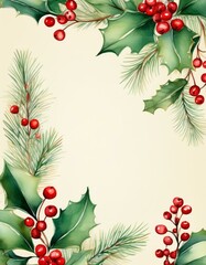 Minimalist watercolor holly leaves and red berries, scattered on a light seamless pattern card