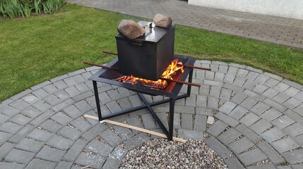 A metal fire pit is set up on a tiled area next to the lawn. In it, a fire burns under a metal...