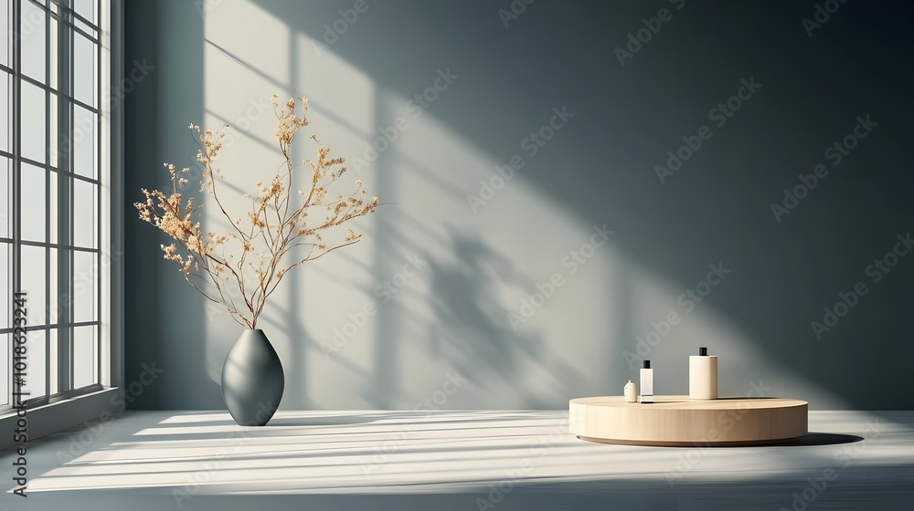 Poster elegant 3d studio room with charcoal background empty floor and wall with product podium shadow over