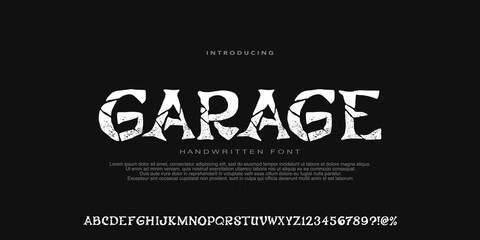 Obraz premium Font Bikers and Music Craft vintage typeface design. Graphic display alphabet. Fantasy type letters. characters, numbers. Vector illustration. Old badge, label, logo template.