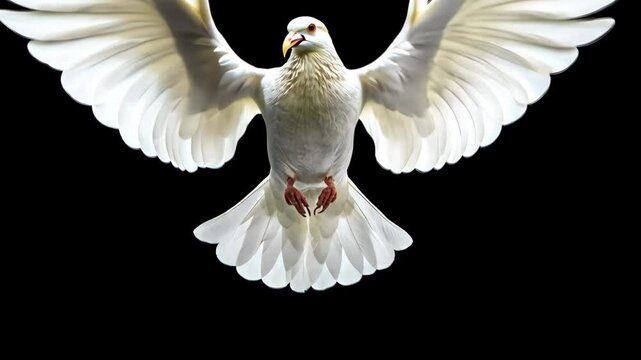 A white dove with outstretched wings flies against a black background