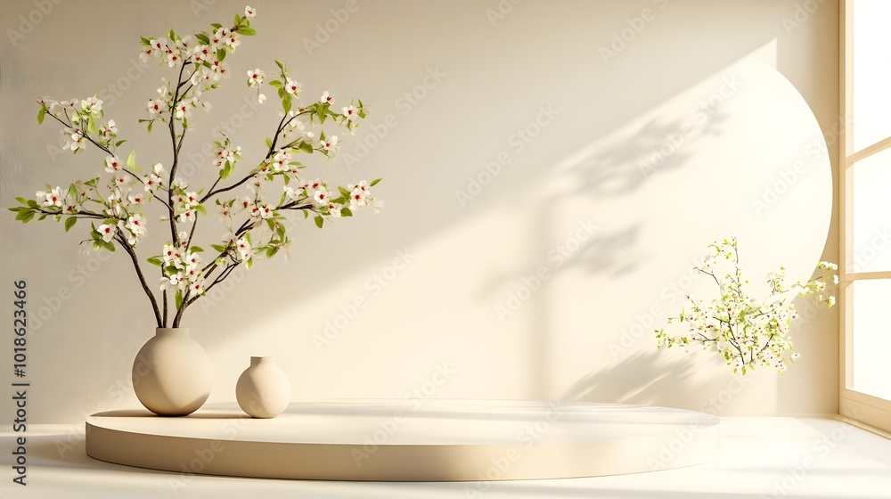 Poster Serene and modern 3D studio room setting with an empty floor wall and a minimalist product podium