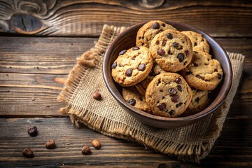 Baked chocolate chip cookies in a bowl on rustic wooden surface