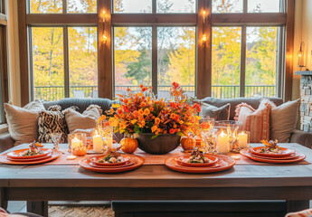 A table is set for a Thanksgiving dinner with a vase of flowers and candles