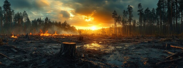 Fototapeta na wymiar Panoramic image of a destroyed forest, stumps from recently cut down trees. problem of deforestation, timber industry, timber extraction.