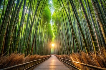 Bamboo forest tunnel with intricate light and shadow patterns, wide-angle view