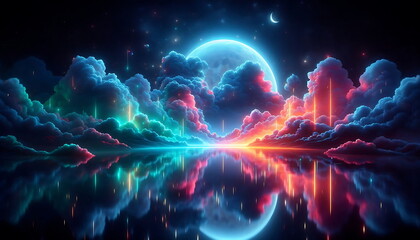 Neon Dreamscape: Moonlit Clouds Over the Sea – Wall Art, Nature-Themed Poster , Nature Background
