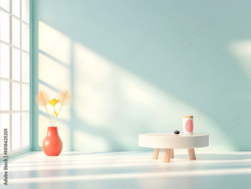 Poster serene 3d studio room with soothing periwinkle background empty floor and wall with minimalist produ