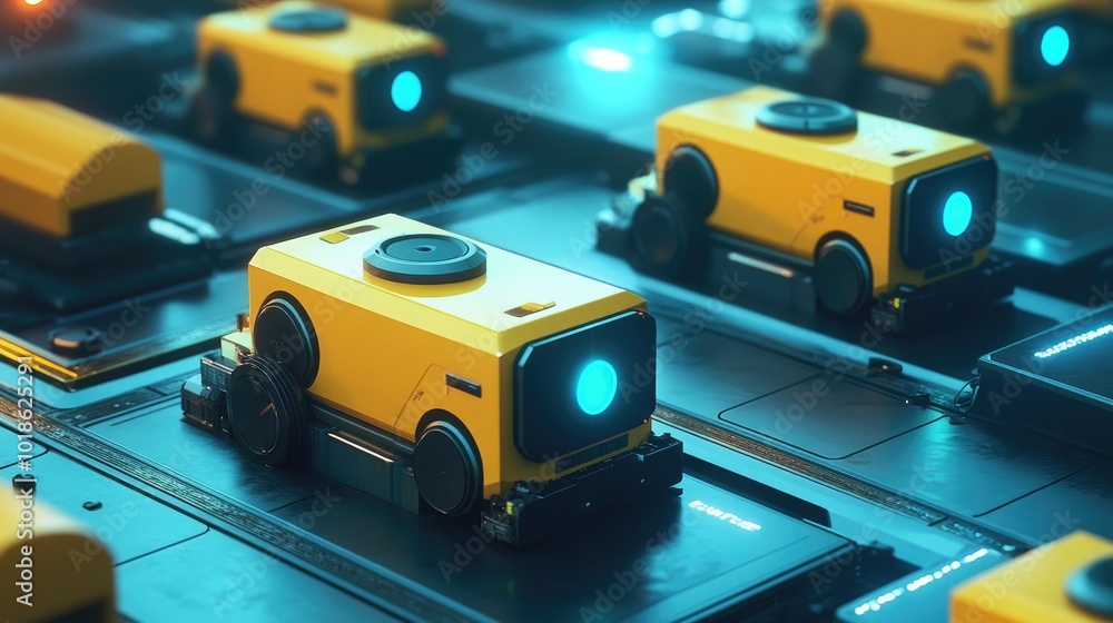 Poster futuristic 3d illustration of agvs and autonomous robots transporting goods in a fully automated 5g-