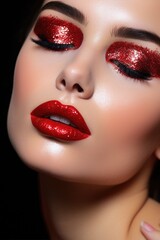 Obraz premium Beautiful young model with glossy red lips and eyeshadows. Perfect skin wet face effect. Metallic shine makeup. Young woman fashion portrait.