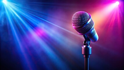 Obraz premium Band stage microphone highlighted by colorful light reflection