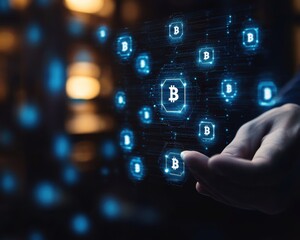 Digital blockchain technology with Bitcoin symbol, representing cryptocurrency network and data exchange in a futuristic setting.