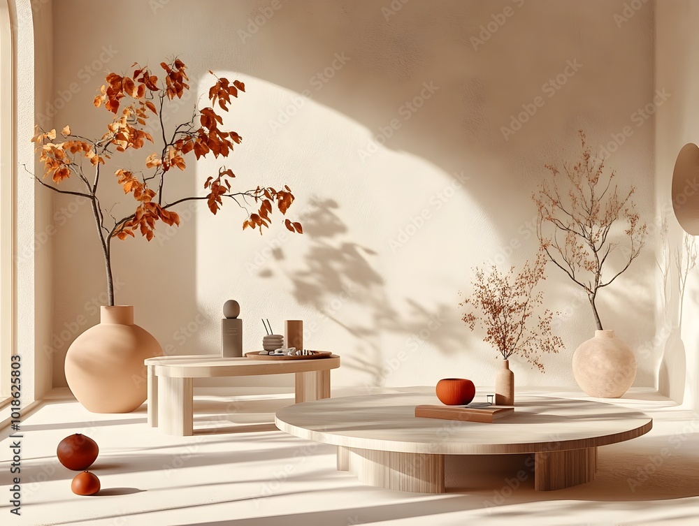 Poster minimalist and 3d studio scene featuring a natural earth toned backdrop minimal furnishings and prod