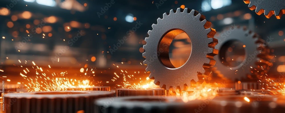 Poster a close-up view of gears in a factory setting, surrounded by sparks, showcasing the dynamic and indu