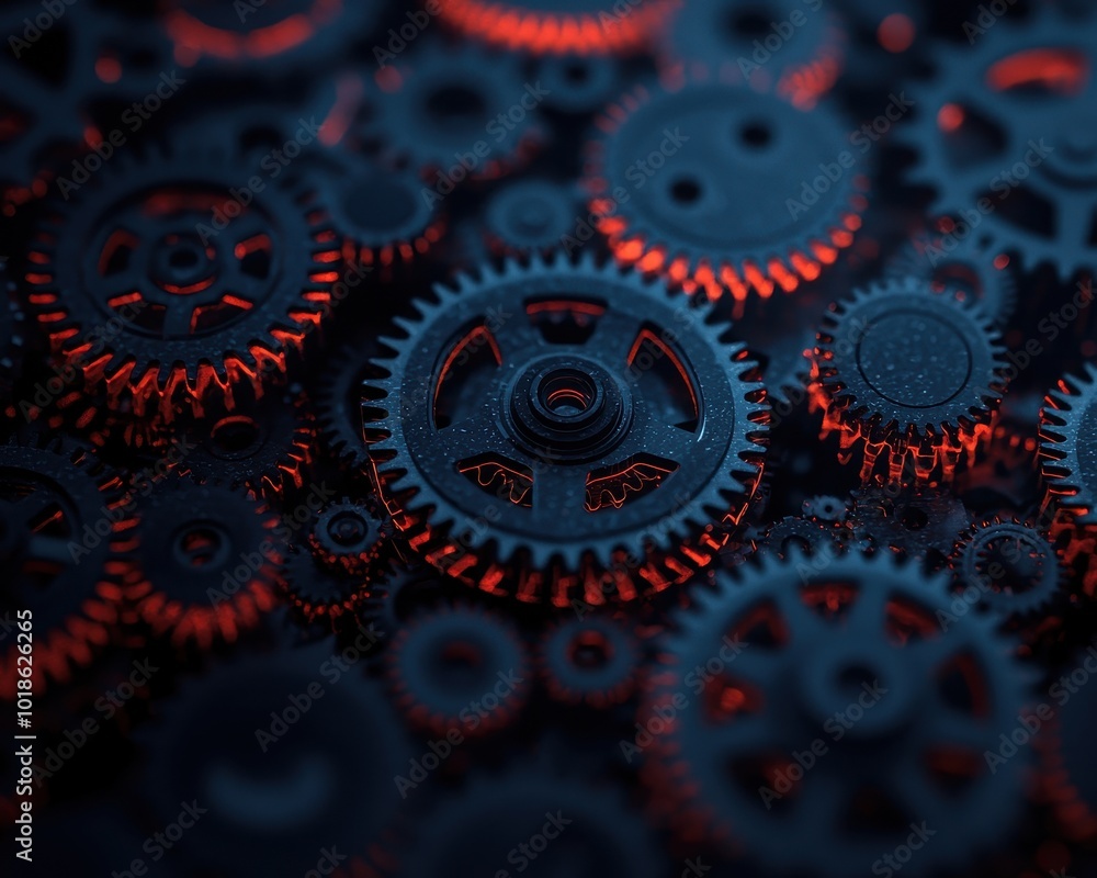 Poster a close-up view of intricately designed gears showcasing a blend of dark colors and vibrant highligh