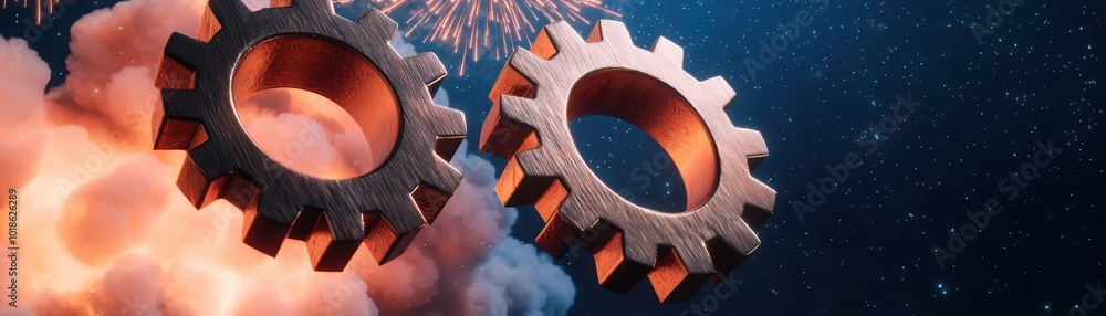 Poster two metallic gears are suspended against a backdrop of colorful sparks and smoke, creating a dynamic