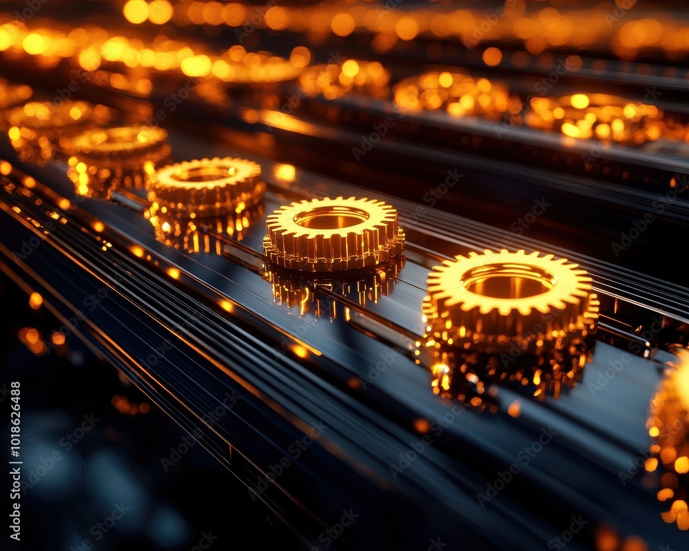 Poster the image features a close-up of glowing gears arranged on a dark surface, showcasing intricate deta