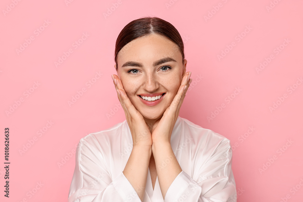 Sticker Face massage. Beautiful young woman with healthy skin on pink background