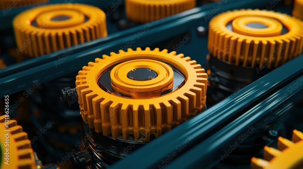 Poster close-up of interlocking yellow gears in a mechanical assembly, showcasing intricate details and ind