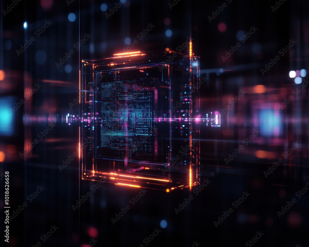 Poster futuristic digital interface with glowing neon lights and abstract geometric shapes, representing te