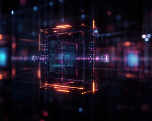 Fototapeta premium Futuristic digital interface with glowing neon lights and abstract geometric shapes, representing technology and innovation.
