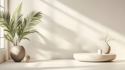 Serene and minimalist 3D studio room interior with clean ivory background empty floor and wall product podium