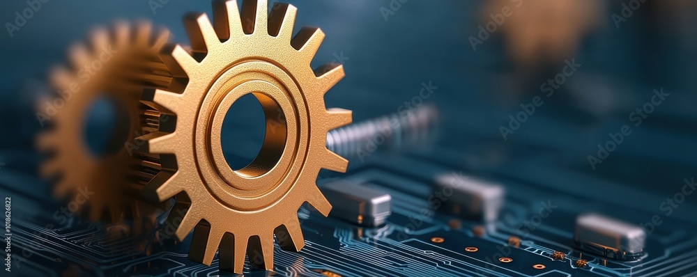 Poster a close-up of golden gears on a circuit board, illustrating the fusion of mechanical and electronic 