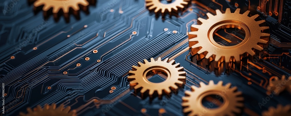 Poster a close-up view of intricate gears against a dark circuit board background, highlighting the fusion 