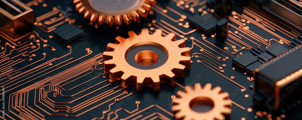 Poster a close-up of copper gears on a circuit board, highlighting the intricate connection between mechani