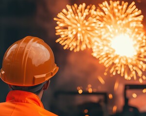 A worker in a safety helmet watches vibrant fireworks, symbolizing celebration and safety in a dynamic environment.