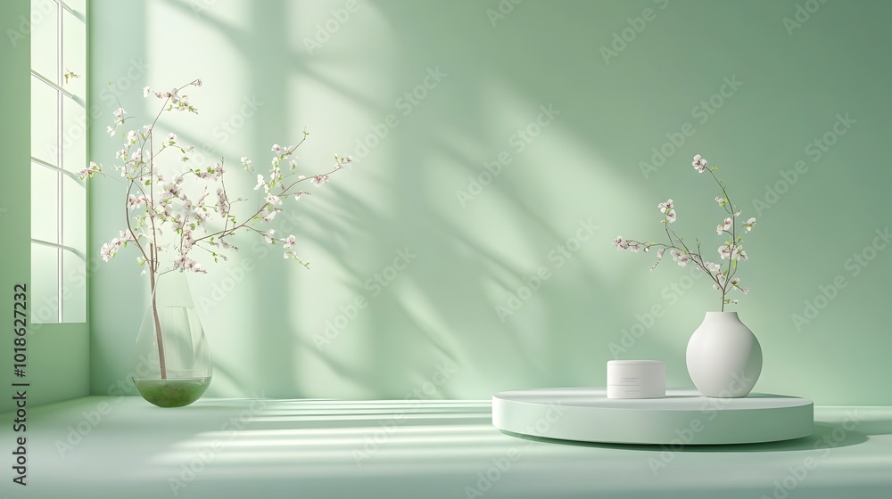 Poster minimalist 3d studio room with calming sage green background soft shadow overlay from window and dif
