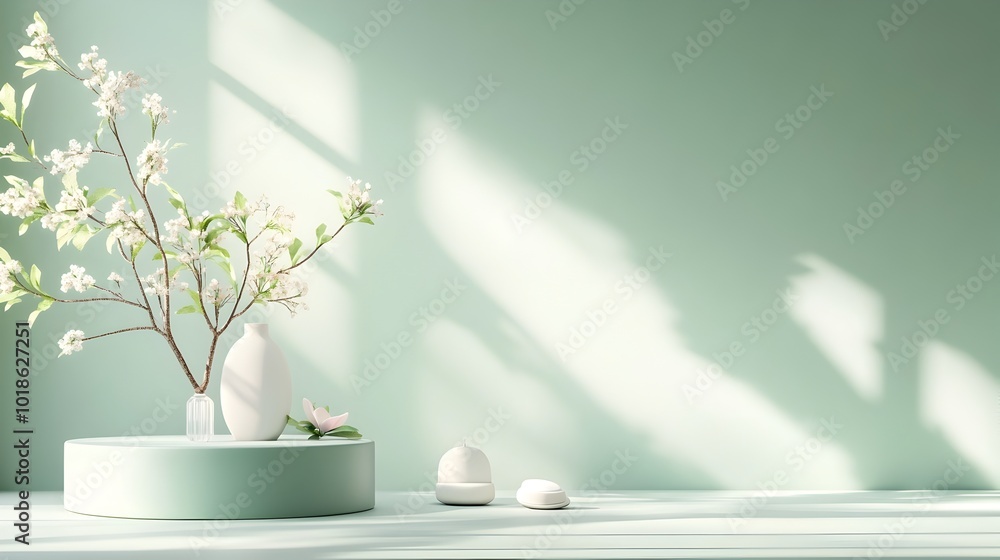 Poster calming 3d studio room setting with sage green background minimalist product podium soft shadow over