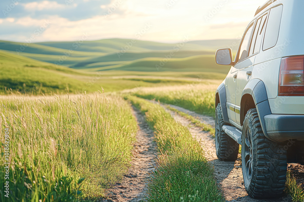 Poster A white SUV is parked on a dirt road in a grassy field