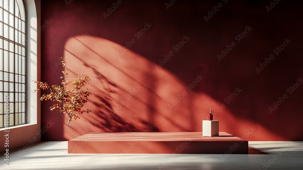 Poster sleek and minimalist 3d studio space featuring a deep burgundy backdrop bare floor and wall with a s