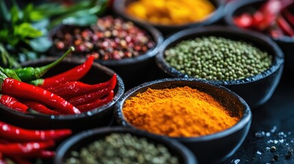 Fototapeta premium Vibrant Spices and Herbs in Rustic Bowls