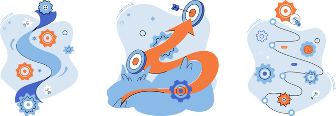 Flexibility. Abstract paths with arrows and gears on a light background. Ideal for innovation, creativity, engineering, progress, and navigation themes. Modern vector design in blue and orange hues