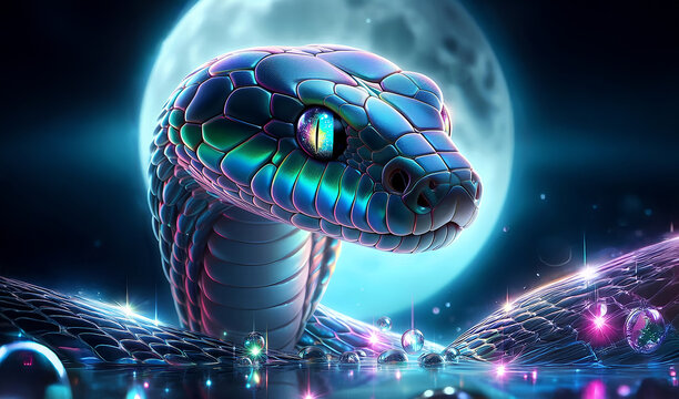The blue snake ​shing has sparkling eyes.