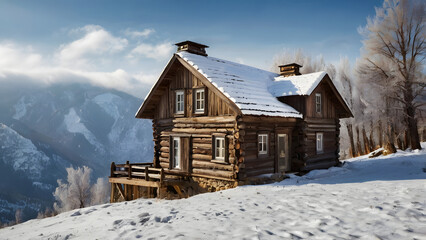 Wooden house log house two-story wooden house in the forest in the mountains everything is snowy, clear sunny day