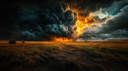 Fototapeta premium Dramatic storm clouds illuminated by fiery lightning over a serene landscape, creating a breathtaking contrast in nature.